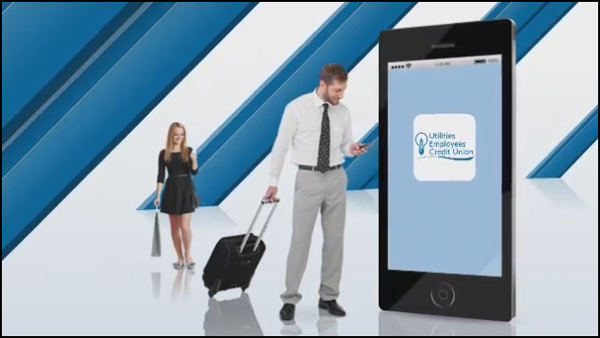 Man and woman using mobile phone with phone showing UECU app logo